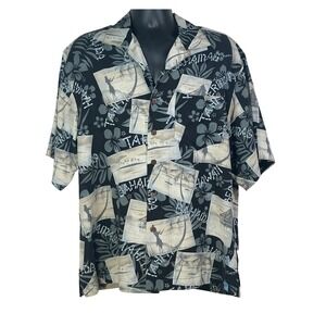 Bermuda Bay Mens Silk Camp Shirt Postcard Tropical Tahiti Bahamas Black Medium